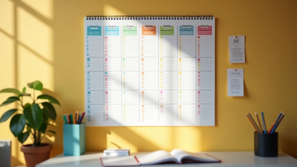 Calendar on wall showing daily check-marks and progress tracked across weeks in different colors