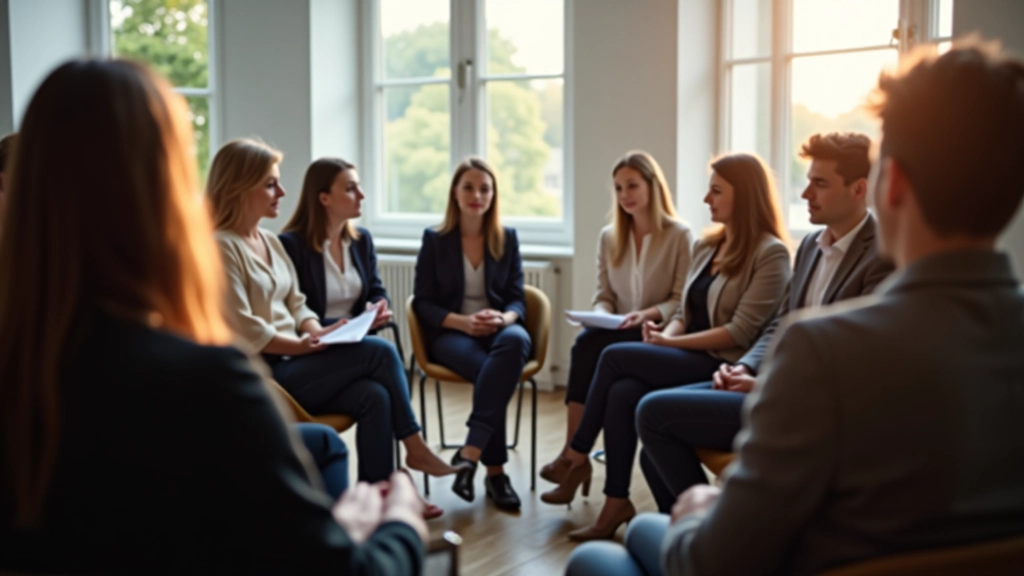 Group workshop participants in circle discussing confidence building techniques