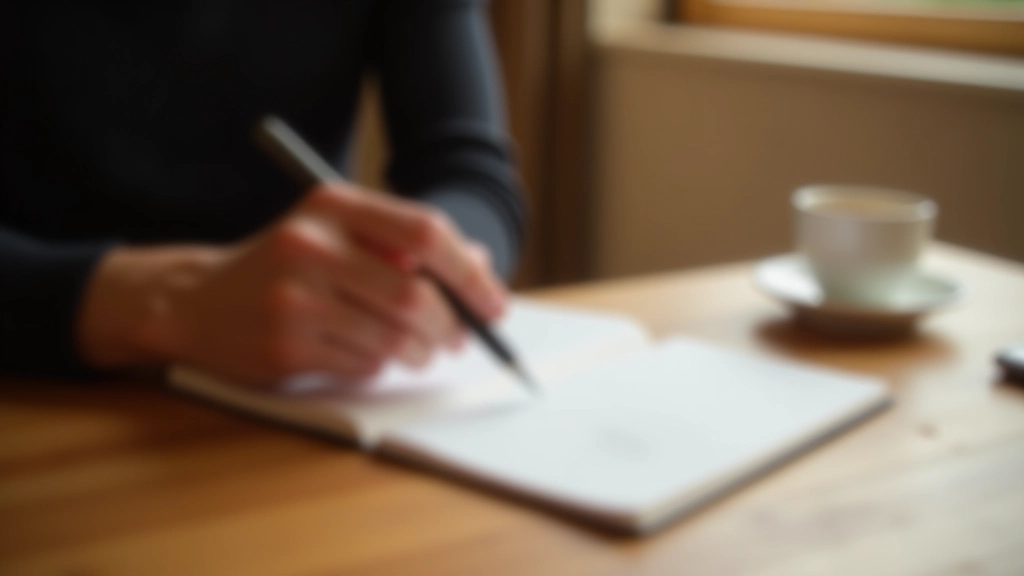 Person's hands writing in journal with pen, notebook open on desk with notes and reflections visible