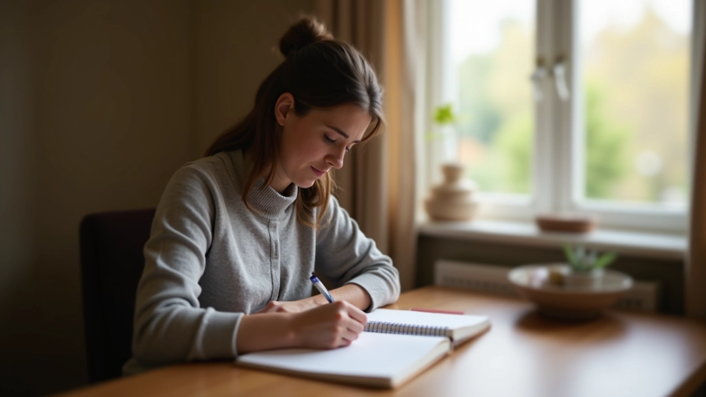 Person writing affirmations in a journal with morning sunlight on the desk