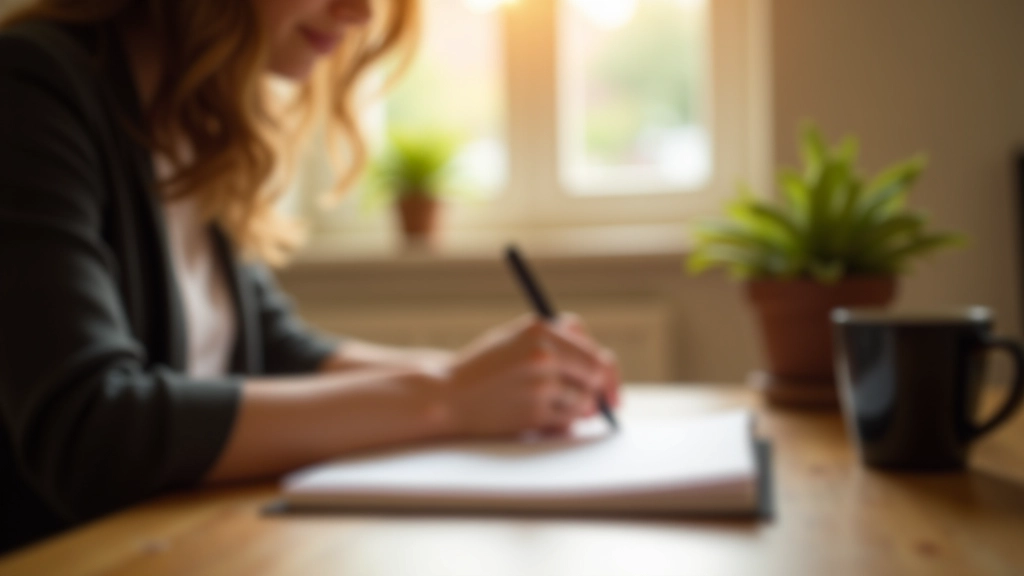 Person journaling at a quiet desk with morning light streaming through the window