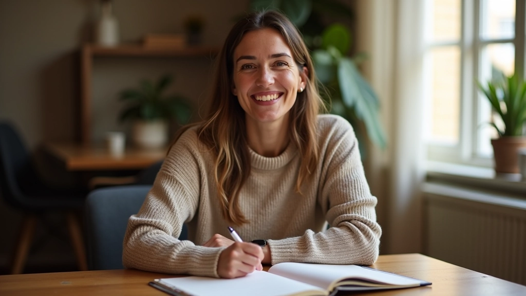 Person reviewing progress notes in a journal with a sense of accomplishment