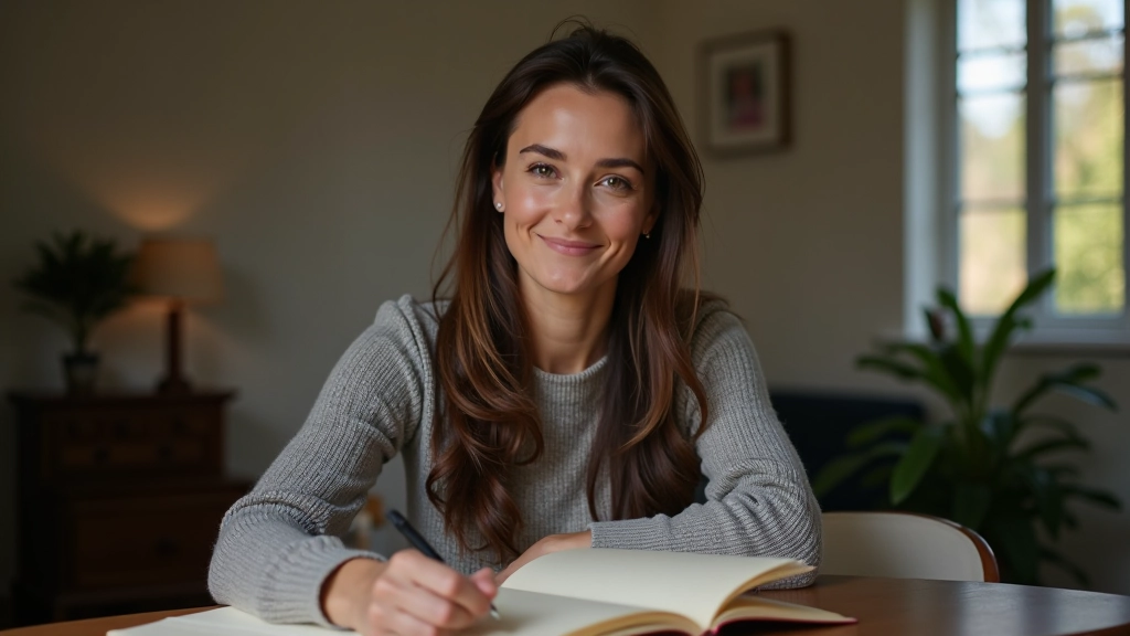 Person sitting at a table with journal and pen, writing down thoughts with focused concentration