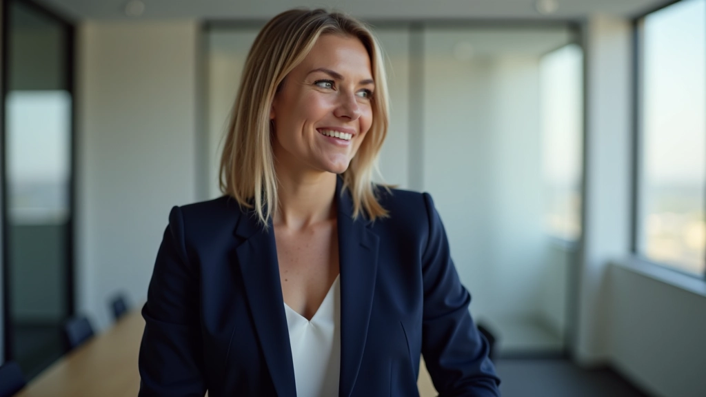 Professional woman presenting with confident body language in a modern conference room setting